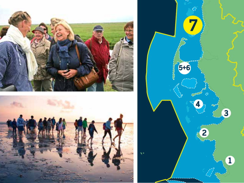 Compilation of a map of the Schleswig Holstein Wadden Sea and two pictures: group of people smiling and conversing, group of people hiking on a mudlfat in dawn.