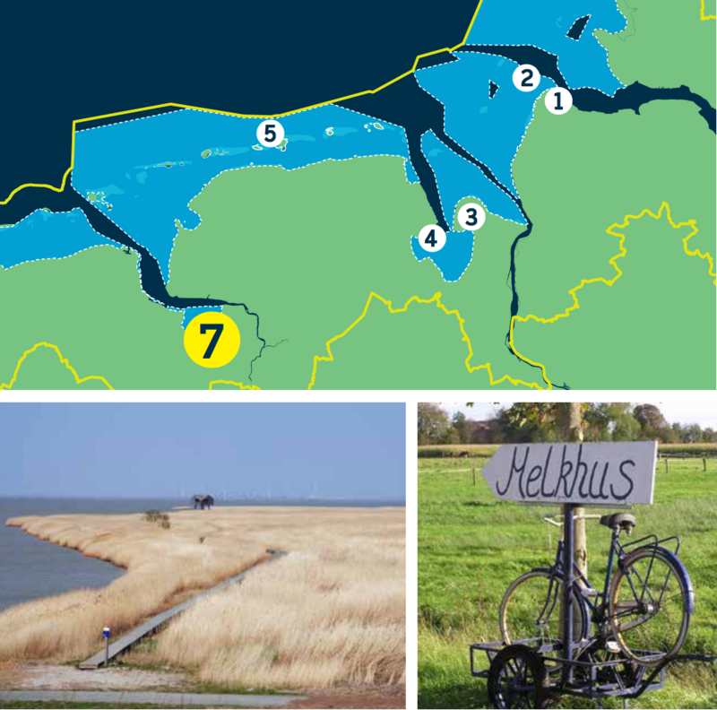 Compilation of a map of the Lower Saxon Wadden Sea and two pictures: wooden path to observation tower through salt marsh, bike leaned against wooden sign "Melkhus".